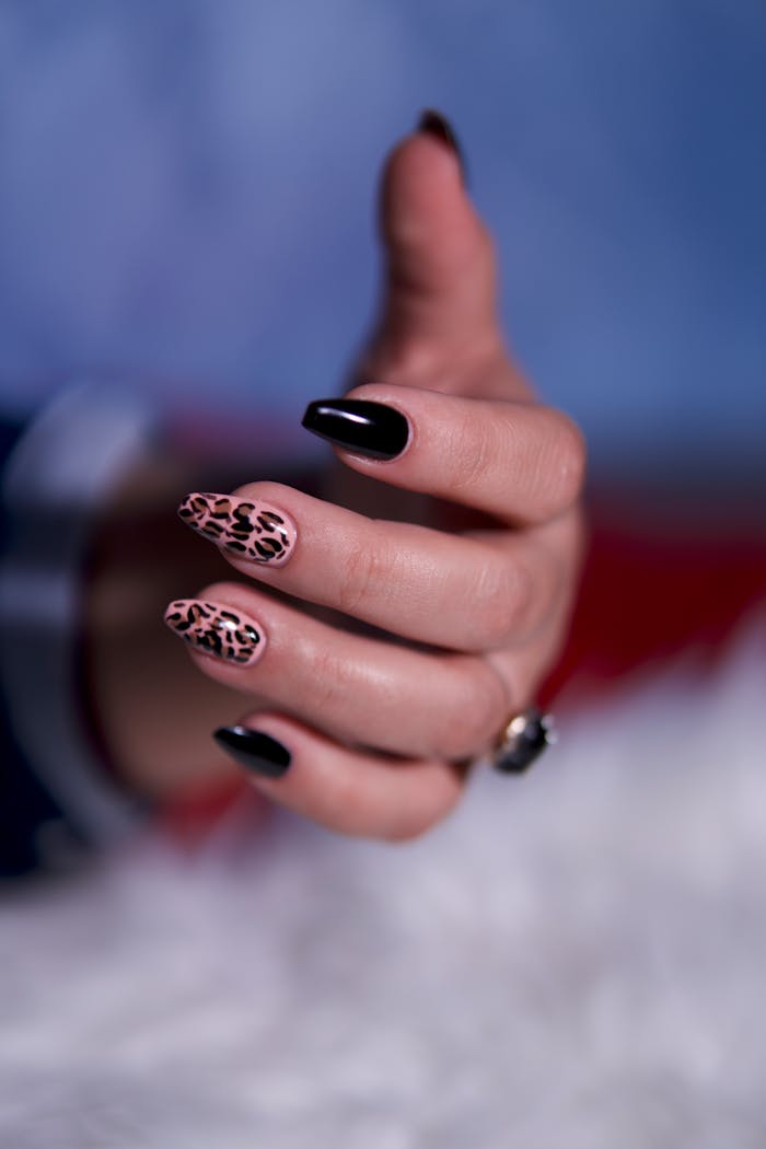 Close-up of a stylish hand with black and leopard print nail art.